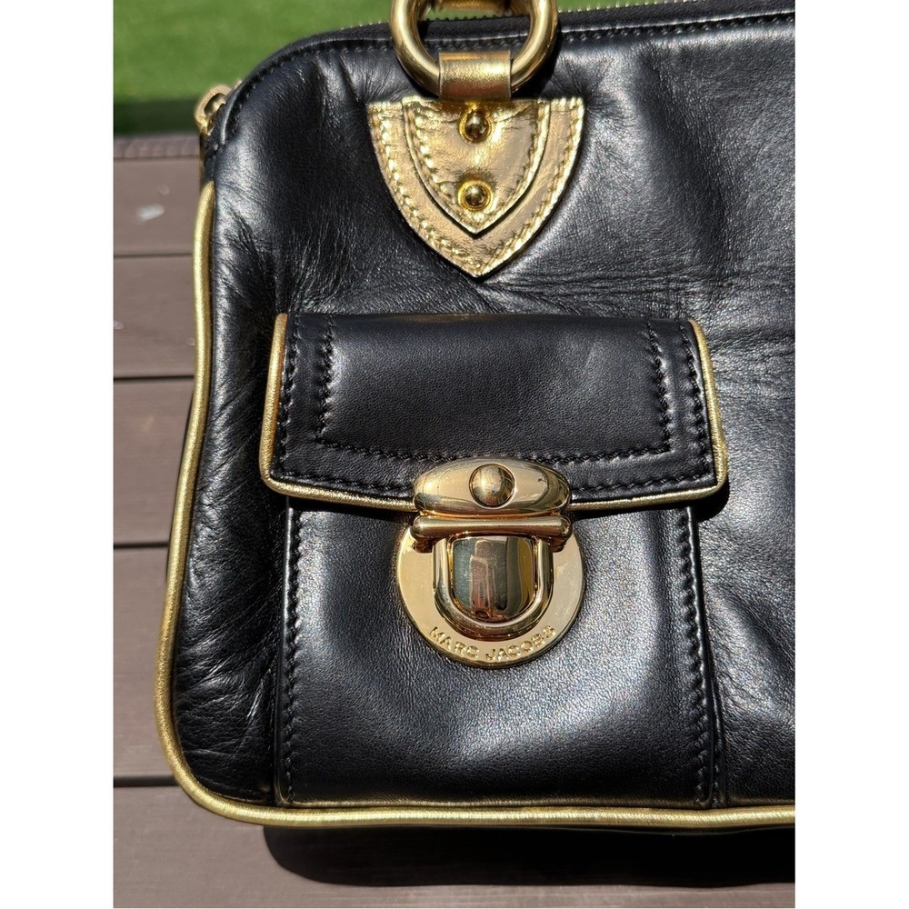 Marc Jacobs Rare Vintage Runway Black Lambskin Gold Metallic Satchel Bag - Picture 7 of 17